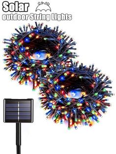 two solar powered christmas lights on a white background with the caption'solar outdoor string lights '