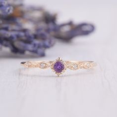 14k yellow gold dainty victorian purple amethyst promise ring for her, Small & tiny vintage style art deco amethyst womens engagement ring WE OFFER UNLIMITED PERIOD INSTALLMENTS PLAN This is a beautiful, stunning, feminine ring that works well for all occasions, styles, and ages. You will love it! Ring information: Main stone: Amethyst Approximate size: 2.5mm Accent stones: Cubic zirconia Approximate size: 1.25mm (4 stones) Metal type: Gold Metal stamp: 14k Gold Installment Payments We offer Gold Ring Purple Stone, Purple Rings Simple, Dainty Amethyst Ring, Engagement Rings With Amethyst, Purple Promise Ring, Purple And Gold Ring, Tangled Promise Ring, Amethyst Promise Ring, Purple Diamond Ring In 14k Gold