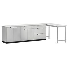 an office desk with drawers and cabinets on the bottom, in front of a white background