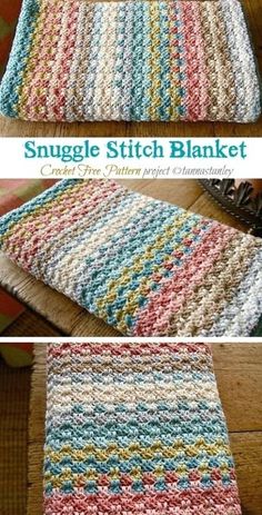 a crocheted dishcloth is shown with the words, snuggle stitch blanket