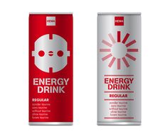 two cans of energy drink, one red and the other white with an image of a robot