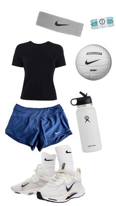 a woman's outfit with nike shoes, headband and water bottle is shown