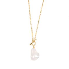 The baroque pearl pendant with zircon, gold plated sterling silver chain necklace is a captivating piece of jewelry. It features a baroque pearl pendant , suspended from a delicate chain made of gold plated sterling silver. The unique shape of the baroque pearl adds an organic charm to the necklace, while the zircon stones add a touch of glamour. This versatile necklace can be worn with various outfits and is sure to make a statement. Remove your necklace before coming into contact with substanc Elegant Chain Necklace With Baroque Pearl Charm, Elegant Baroque Pearl Chain Necklace With Pearl Charm, Yellow Gold Baroque Pearl Jewelry With Adjustable Chain, Luxury Baroque Pearl Drop Necklaces, Gold Baroque Pearl Pendant Chain Necklace, Gold Baroque Pearl Pendant Necklace, Gold Chain Necklace With Baroque Pearl Pendant, Elegant Figaro Chain Pendant Necklace, Yellow Gold Baroque Pearl Pendant Necklace