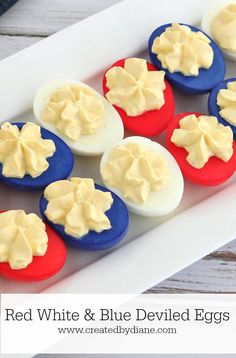 red, white and blue deviled eggs on a plate