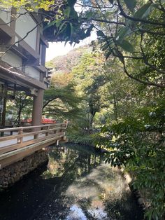 a river running through a lush green forest next to a tall white building with lots of windows