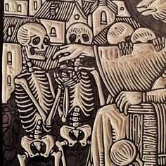 a drawing of two skeletons sitting next to each other on top of a black and white background