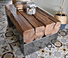 a coffee table made out of wood and metal