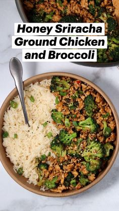 a bowl filled with rice and broccoli next to a pan full of ground chicken