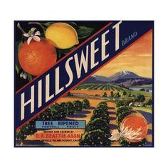 an advertisement for hillsweet brand, with oranges and trees in the background