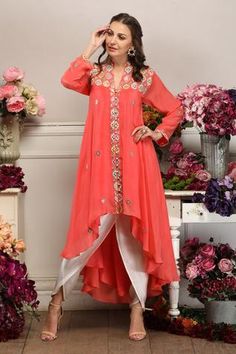 Shop for Seams Pret And Couture Orange Georgette Susan Embroidered Tunic And Tulip Pant Set for Women Online at Aza Fashions Tulip Pants, Asymmetric Tunic, Draped Blouse, Draped Skirt, Sharara Set, Embroidered Neckline, Satin Color, Top Pants Set, Striped Jacket