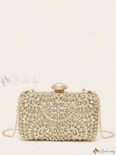 Bird in Bag - Elegant Rhinestone Embellished Clutch Bag Featuring Metal Chain Strap - Ideal for Weddings, Banquets, and Parties Buckle Bag, Embellished Clutch, Foldover Clutch, Buckle Bags, Bag Elegant, Box Bag, Small Handbags, Bird In Bag, Gold Details