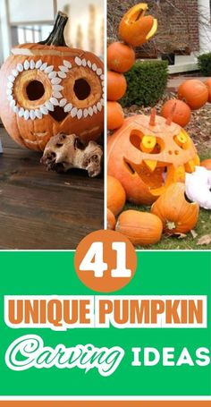 pumpkins and jack o lantern decorations with the words unique pumpkin carving ideas on them