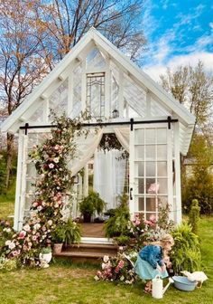 She Shed Greenhouse, She Shed Decorating Ideas, Greenhouse Photoshoot, Small Stone Cottage