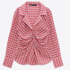 Nwt Zara Gingham Ruched Plaid Shirt. Button Front With Long Sleeves. Art: 9509/225 Pink Ruched Long Sleeve Blouse, Zara Pink Tops With Buttons, Spring Trendy Gingham Shirt, Pink Zara Blouse With Button Closure, Zara Pink Blouse With Button Closure, Zara Pink Button-up Blouse, Zara Pink Shirt For Work, Casual Gingham Zara Tops, Zara Gingham Casual Tops