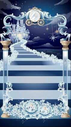 a blue and white background with a clock in the sky above stairs leading up to a castle