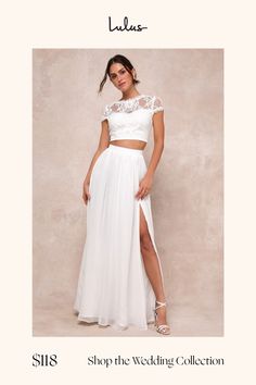 a woman in a white dress with the words shop the wedding collection on it's page