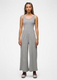 A Soft, Breathable Wide-legged Jumpsuit Made For Enjoying The Everyday. Versatile Relaxed Fit Jumpsuits And Rompers For Loungewear, Casual Jumpsuits And Rompers For Yoga In Spring, Casual Spring Jumpsuits And Rompers For Relaxation, Relaxed Sleeveless Loungewear Jumpsuit, Casual Stretch Jumpsuits And Rompers For Relaxation, Wide Leg Jumpsuit, Heather Grey, Jumpsuit, Grey