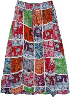 Monarch Patchwork Unique Skirt - This is a summer skirt with colorful floral, paisley and animal inspired patchwork. An amazing vintage look with bohemian, hippie, festival patchwork on a midi length(middle of calf) skirt. A straight style skirt with an elastic gathered waist, a distinct new style - patchwork with lace separating the patches. The classic patchwork look becomes even more fascinating with a complementary selection of the patches in fascinating color tones. The patches are hand sti Bohemian Festival Skirt With Patchwork, Bohemian Patchwork Skirt For Festival, Bohemian Floral Patchwork Skirt For Festival, Bohemian Multicolor Mini Skirt, Multicolor Bohemian Skirt With Boho Print, Bohemian Floral Patchwork Skirt For Beach, Bohemian Beach Skirt With Floral Patchwork, Bohemian Skirt With Floral Patchwork For The Beach, Casual Multicolor Floral Patchwork Skirt