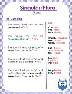 an image of singular / plural rules for children to use in the classroom