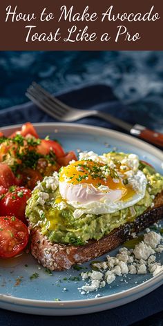 an avocado toast with eggs and tomatoes on it