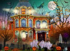 a halloween scene with pumpkins and ghost in front of a house