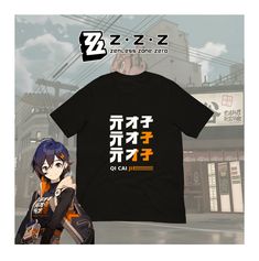 an anime t - shirt with japanese characters on the front and back, next to it is