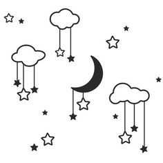 the moon and stars are hanging from the clouds in the night sky, black and white