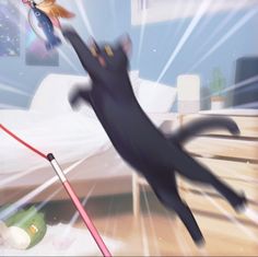 a black cat is jumping in the air near a bed and other items on the floor