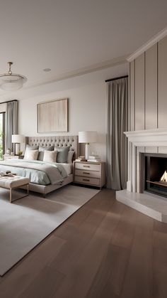 a large bedroom with a fireplace in the corner