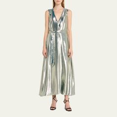 INDRESS shiny dress with self-tie waist V neckline Sleeveless Ankle length A-line silhouette Slipover style Silk Made in France Shiny Sleeveless Spring Dresses, Shiny Sleeveless Dress For Spring, Sleeveless Shiny Spring Dresses, Spring Shiny Sleeveless Dress, Spring Sleeveless Shiny Dresses, Chic V-neck Party Dress With Tie Waist, Shiny Sleeveless Cocktail Dress, Elegant Sleeveless Dress With Sheen, Sleeveless Evening Dress With Tie Waist