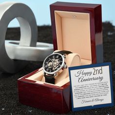 Are you looking for the perfect 2nd anniversary gift idea for a husband who has everything? One that is unique and special? Get him a gift that will stand the test of time. Celebrate him with this stunning open-work watch packaged in a stunning watch box with LED lit with a beautiful heartfelt 2nd anniversary message.❤️- THE 2nd ANNIVERSARY MESSAGE:The printed message card inside the watch gift box reads: Happy 2nd anniversary. The day I met you I found my missing piece. You complete me. You mak Watch Gift Box, Anniversary Message, Great Anniversary Gifts, Watch Gift, Anniversary Gifts For Husband, Birthday Gift For Him, Anniversary Gifts For Him, Great Birthday Gifts, Birthday Messages