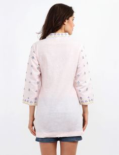 Embellish your neckline by this serene embroidery on the collar of our tunic. Buy now and flaunt it forever. 70% Cotton & 30% Linen 3/4 Sleeves Side Slits Thread Embroidery Mandarin Collar Slim Fit For Regular Fit, Go a Size Up Dry Clean Only Casual Tunics, Linen Tunic, Thread Embroidery, Top For Women, Pink Cotton, Mandarin Collar, Rose Buds, Hip Length, Tunic Top