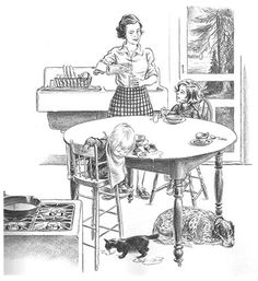 a black and white drawing of a woman standing in front of a table with two dogs