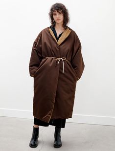 Eleph Lies Large Coat Toffee Brown – Neighbour Chocolate Satin, Voluminous Sleeves, Cord Ends, Clothing Inspiration, Waist Belt, Dry Clean Only, Duster Coat, Coats For Women, Coats Jackets