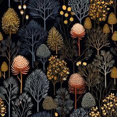 a black background with trees and flowers in gold, blue, and orange colors on it