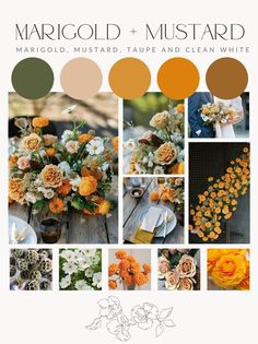 the color scheme for this wedding is orange, yellow and white with an assortment of flowers