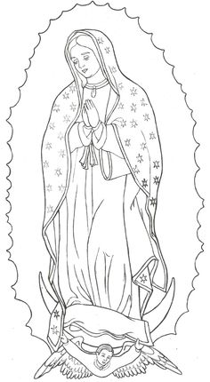 the virgin mary with doves and stars on her chest, outlined in black and white