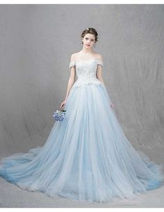 Romantic Ball-Gown Off-the-Shoulder Sweep Train Tulle Wedding Dress With Appliques Lace Simple Blue Wedding Dress, Quinceañeras Dress, Fairytale Prom, Princess Ball Gowns Wedding Dress, Blue Wedding Dress, Blue Ball Gown, Wedding Boards, How To Dress For A Wedding, Light Blue Prom Dress