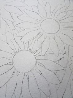 a drawing of three sunflowers with one being drawn on paper and the other is made