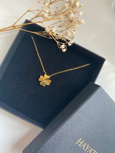 Clover leaves engraved pendant necklace gold plated stainless steel chain length: 40+5cm Leaf Pendant Necklace, Angel Pendant Necklace, Engraved Pendant, Angel Pendant, Leaf Necklace, Leaf Pendant, Gold Pendant Necklace, Clover Leaf, Stainless Steel Chain