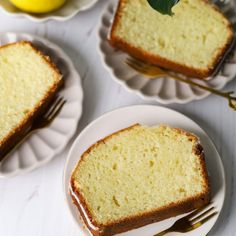 slices of lemon pound cake on plates with forks