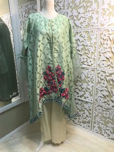 Very chic mint green jamawar on organza jacket, with bell sleeves and floral embroidery, it comes with silk matching inner, and ivory bell bottom. Brand: Bonita, Chen One Shipping USPS 2 day Semi-stitched Wedding Sets For Spring, Fitted Green Salwar Kameez With Intricate Embroidery, Fitted Long Sleeve Organza Palazzo Set, Green Georgette Sets With Intricate Embroidery, Anarkali Sets In Pista Green For Spring, Spring Anarkali Sets In Pista Green, Wedding Palazzo Set In Pista Green With Floral Embroidery, Embroidered Long Sleeve Organza Sharara, Long Sleeve Embroidered Organza Sharara