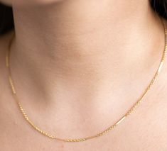 "Bar Chain Necklace from our Memoirs Made collection. A classic jewelry staple that is timeless and chic, and wonderfully lustrous in 14K gold filled. Uncomplicated on its own, we also love the look of it layered with other gold chains, pearls, and beaded necklaces to achieve that Parisian Girl look. Either way, you will find unlimited options to style this beautiful chain. CHAIN DETAILS ⚬ 14k gold-filled bar chain or 925 Sterling Silver ⚬ Bars measure 1.1mm x 10.25mm. ⚬ Chain in your choice of Delicate 14k Gold Bar Necklace, Classic Everyday 14k Gold Bar Necklace, 14k Gold Bar Necklace With Delicate Chain, Everyday 14k Gold Bar Necklace With Delicate Chain, Delicate Everyday Yellow Gold Bar Necklace, 14k Yellow Gold Bar Necklace With Delicate Chain, Minimalist 14k Yellow Gold Bar Necklace, Dainty 14k Gold Bar Necklace, Minimalist Yellow Gold Bar Necklace With Cable Chain