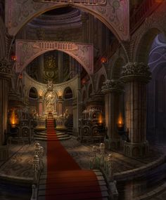 an artistic rendering of a church with red carpet and stairs leading up to the alter