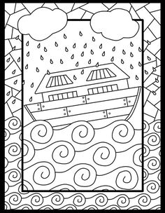 a coloring page with a boat in the water and rain coming down from behind it