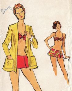 Misses Swimsuit and Cover Up:  Two-piece swimsuit has lined to edge bra with elasticized loop at center front, back closing and narrow straps.  Mock wrapped shorts and under briefs are darted into inside ribbon waistband; topstitching.  Cardigan cover-up has full length sleeves and patch pockets, topstitching. Pattern printed circa 1970's by Vogue, and is in factory folds.  This is an original sewing pattern with all of the original pattern pieces and instructions. This is NOT a PDF or copy, and 70s Swimwear Vintage Swim, Swimsuit Under Clothes Outfit, Retro Fitted Lined Swimwear, Vintage Lined Swimwear For Vacation, Fitted Partially Lined Swimwear For Beach, Partially Lined Fitted Swimwear, Fitted Vacation Swimwear Partially Lined, Fitted Partially Lined Swimwear, Fitted Partially Lined Swimwear For Vacation