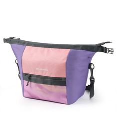 a purple and pink bag with black straps on the bottom, sitting against a white background