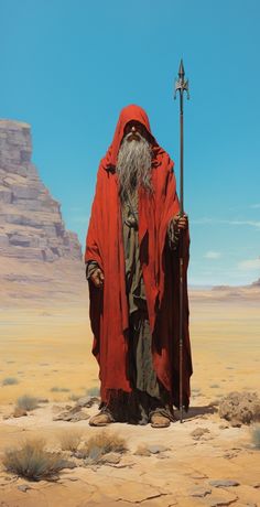 Desert Wizard, Old Man Wizard Art, 80s Fantasy Art, Scifi Western, Retro Fantasy Wizard, 80s Wizard Art, 70s Fantasy Art Wizard, Red Wizard, Biotechnology Art