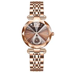 The image provided is of a wristwatch, not a garment. However, here is a description of the watch in the image following the requested format as closely as possible: Material: Metal, glossy finish Color: Rose gold tones Design: Geometric face, crystal accents Style: Luxury wristwatch Occasions: Formal events, business Styling: Pair with elegant attire Gold Diamond Watches, Diamond Face, Bottle Jewelry, Glass Style, Women Diamond, Women Wrist Watch, Diamond Watch, Women's Watch, Rose Gold Diamonds