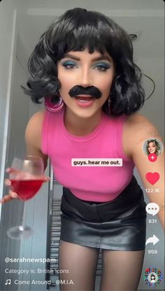 a fake woman holding a wine glass with the caption guys hear me out on it